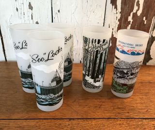 5 Vintage Michigan Souvenir Glasses Soo Locks International Bridge Hartwick Pine