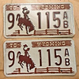 1978 Wyoming License Plate Plates Set Matching Pair " 9 115 Ab " Wy 78 Wyo