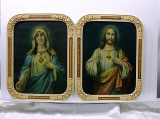 Rare Old Sacred Heart Of Jesus & Mary Art Print Savior & Holy Mother Of God Icon
