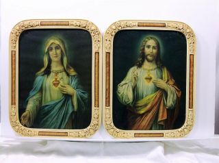 RARE Old Sacred Heart of Jesus & Mary Art Print Savior & Holy Mother of God icon 2