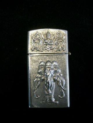 Vintage Embossed Sterling Silver Pocket Lighter Siam Thailand & Sterling Match 3