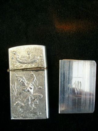 Vintage Embossed Sterling Silver Pocket Lighter Siam Thailand & Sterling Match 5