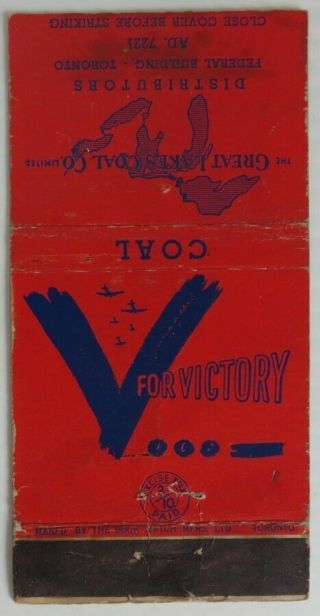 Vintage Wwii V For Victory Great Lakes Coal Matchbook Cover (inv24416)