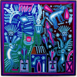 Large Huichol Yarn Painting Wixaritari Mexican Folk Art 24 " X 24 "