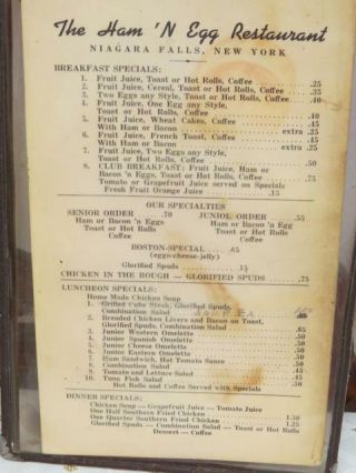 The Ham N Egg Restaurant Niagara Falls,  Ny Menu 1940 