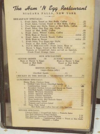 The Ham N Egg Restaurant Niagara Falls,  NY Menu 1940 ' s Prices are so LOW 2