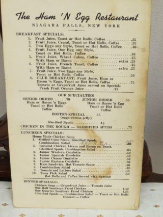 The Ham N Egg Restaurant Niagara Falls,  NY Menu 1940 ' s Prices are so LOW 3