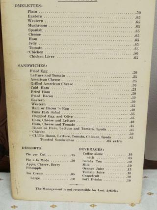 The Ham N Egg Restaurant Niagara Falls,  NY Menu 1940 ' s Prices are so LOW 4