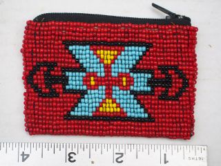 Old Vtg Native American Indian Leather Beaded Arrows Design Red Small Coin Purse