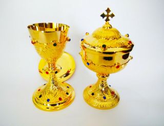 Chalice With Paten & Ciborium Set Brass Gold Plated Holy Religious Gift Usgzb12