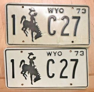 1973 Wyoming License Plate Plates Set Matching Pair " 1 C 27 " Wy 73 Wyo