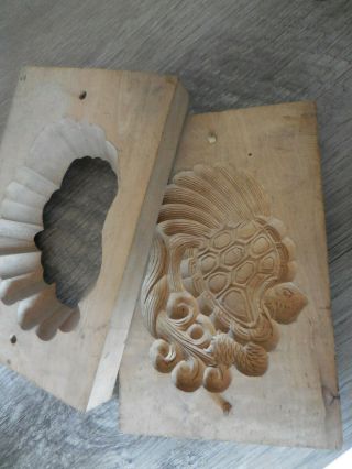 Vintage Japanese Wood Cake Mold With Cover Hand Carved Sea Turtle Signed
