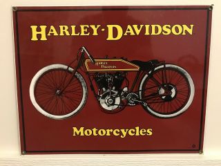 Antique Harley Motorcycle 14 " X 11 " Porcelain Metal Red Board Track Gas Oil Sign