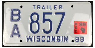 Wisconsin 1989 Trailer License Plate B/a 857