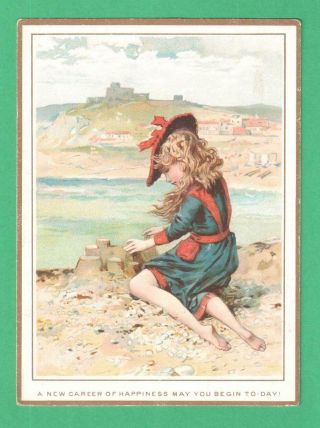 Scarce 1883 De La Rue Year Greeting Card Girl Sand - Castles Beach