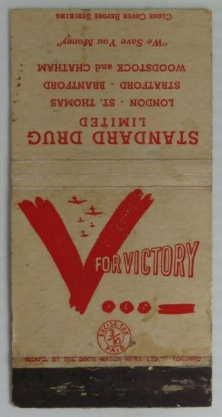 Vintage Wwii V For Victory Standard Drugs Matchbook Cover (inv24382)