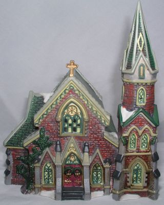 Dickens Christmas Victorian Village Red Brick Church Porcelain Lighted