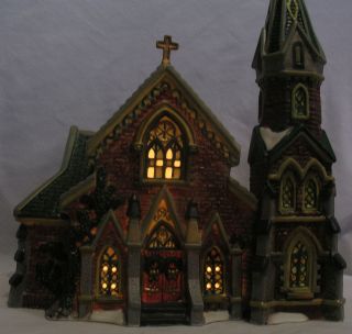 Dickens Christmas Victorian Village Red Brick Church Porcelain Lighted 5