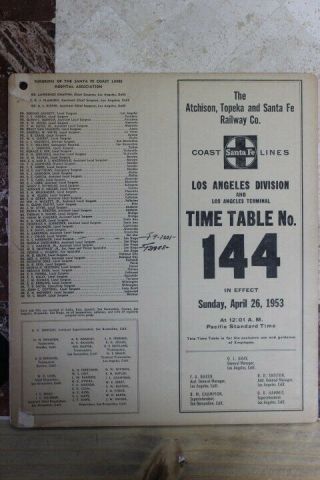 Atsf - Santa Fe Railway Coast Lines Los Angeles Division Ett 144 April 26,  1953