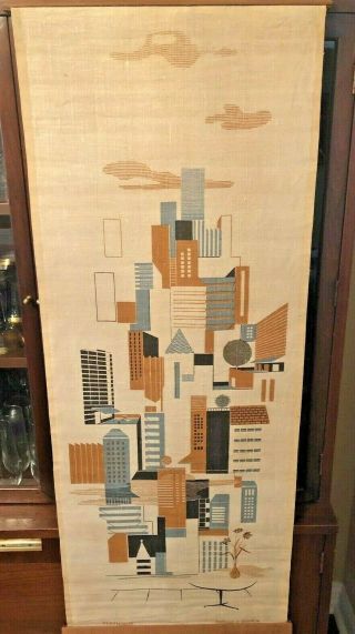 Penthouse Mid Century Modern Wall Hanging Panels Teak Wood Linen 45x18 Bushon