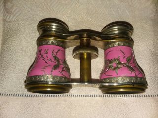 Vintage Lemaire Fabt Paris Binoculars Opera Glasses Pink Enamel Silver Etchings