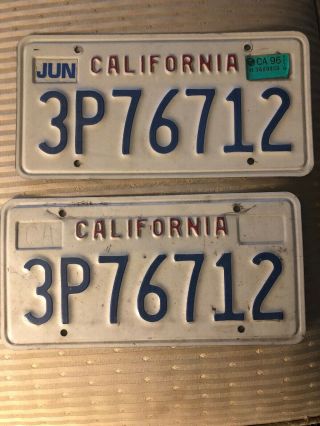 1990’s California License Plate Set White Blue Pair