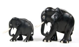 Wooden Art Deco Mid - Century Elephant Carved Figurines Ebony Black Vtg