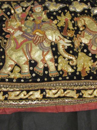 Long Vintage Thai Burmese Kalaga Royalty & Elephant Embroidered Wall Hanging 3