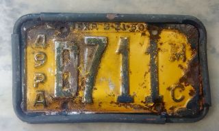 1949 Pennsylvania Motorcycle License Plate.  B714 Blue And Gold