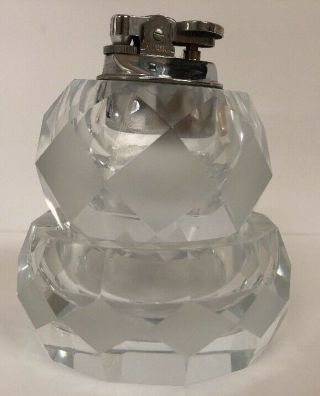 Vintage Swank Lucite Crystal Glass Butane Lighter & Ashtray Set Made In Japan