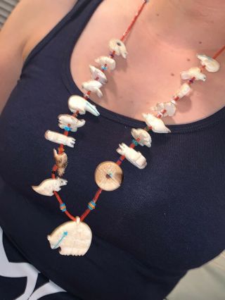 Zuni Mother of Pearl Fetish Necklace by Georgianna Quandelacy 16.  5” Length 2