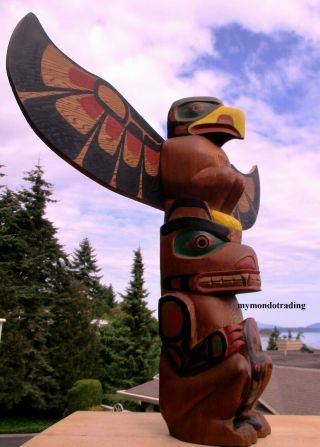 Northwest Coast First Nations Native Wooden Art Carving Totem Pole,  Cedar Signed