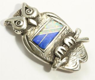 Zuni Ervin Hoskie Sterling Silver Lapis Lab Opal Channel Inlay Owl Brooch Pin