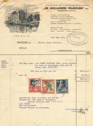 Netherlands 1954,  Invoice With Malta Postage Stamps As Revenues.  B8