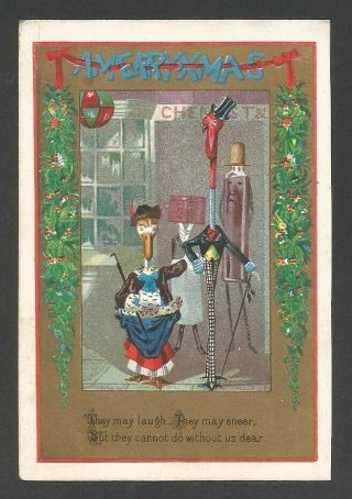 X65 - Weird Anthropomorphic Elongated Birds And Objects - Victorian Xmas Card