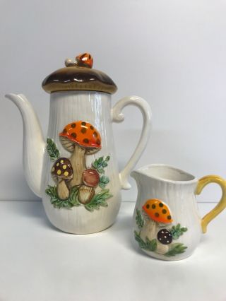 Vtg Sears Merry Mushroom Coffee Pot With Lid And Creamer 1970s