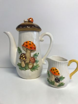 Vtg Sears Merry Mushroom Coffee Pot With Lid And Creamer 1970s 2