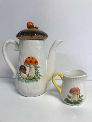 Vtg Sears Merry Mushroom Coffee Pot With Lid And Creamer 1970s 3