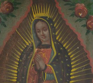 19th Century Crowned Virgen De Guadalupe Mexican Retablo Oil On Tin