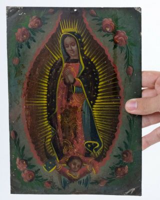 19th Century Crowned Virgen De Guadalupe Mexican Retablo Oil on Tin 2
