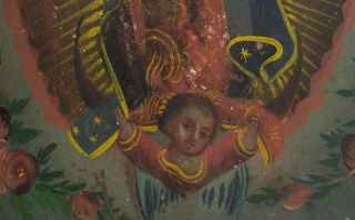 19th Century Crowned Virgen De Guadalupe Mexican Retablo Oil on Tin 3