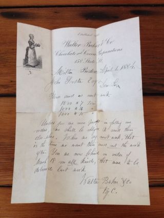 Antique Letter April 1884 Walter Baker & Co Chocolate Cocoa Boston Milton Mass