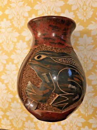 Central American Nicaraugua Pottery Vase Decorative Mean Green Carved Frog Toad