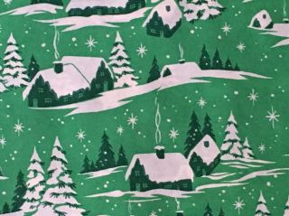 VTG CHRISTMAS WRAPPING PAPER GIFT WRAP WINTER CABIN SNOW SCENE TREES NOS 1940 2