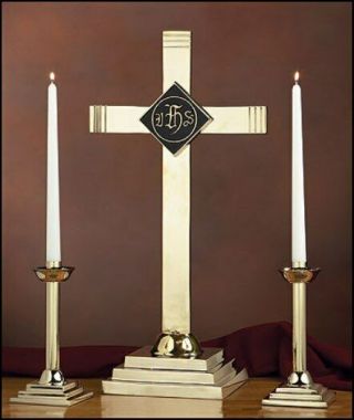 Catholic Altar Cross Set Ihs Design Altar Candlesticks Solid Brass Risen Christ