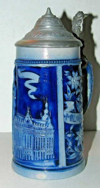 Antique German Beer Stein City Hall Milwaukee Wisconsin Souvenir Blue Salt Glaze