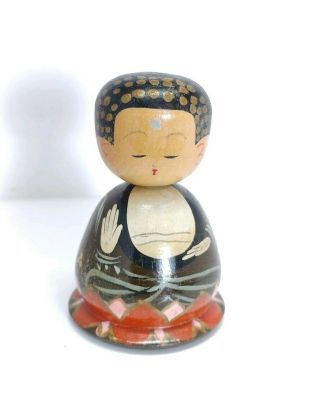 Vintage Japanese Wooden Buddha Kokeshi Doll 2 1/2 " Tall Bobble Head