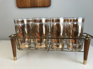 Mid Century Georges Briard Set Of 8 Gold Crown Glasses With Brass Rack / Caddy
