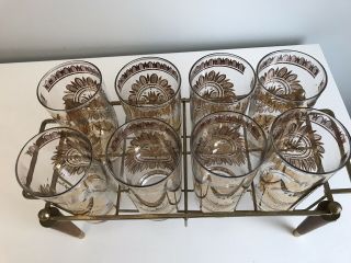 Mid Century Georges Briard set of 8 Gold Crown Glasses with Brass Rack / Caddy 2