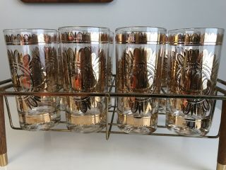 Mid Century Georges Briard set of 8 Gold Crown Glasses with Brass Rack / Caddy 5